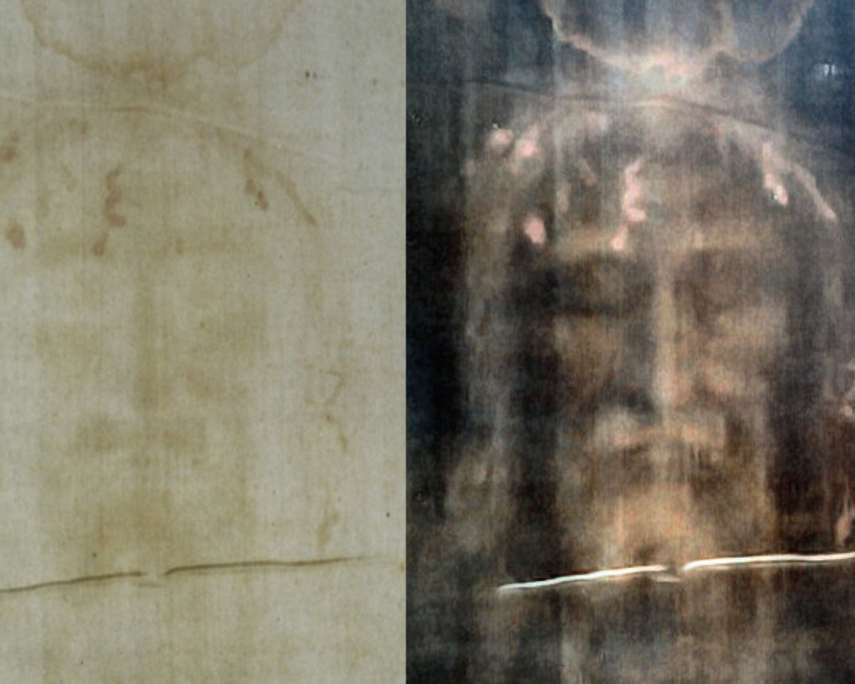 The Shroud of Turin: modern photo of the face, positive (left), and digitally processed image (right)